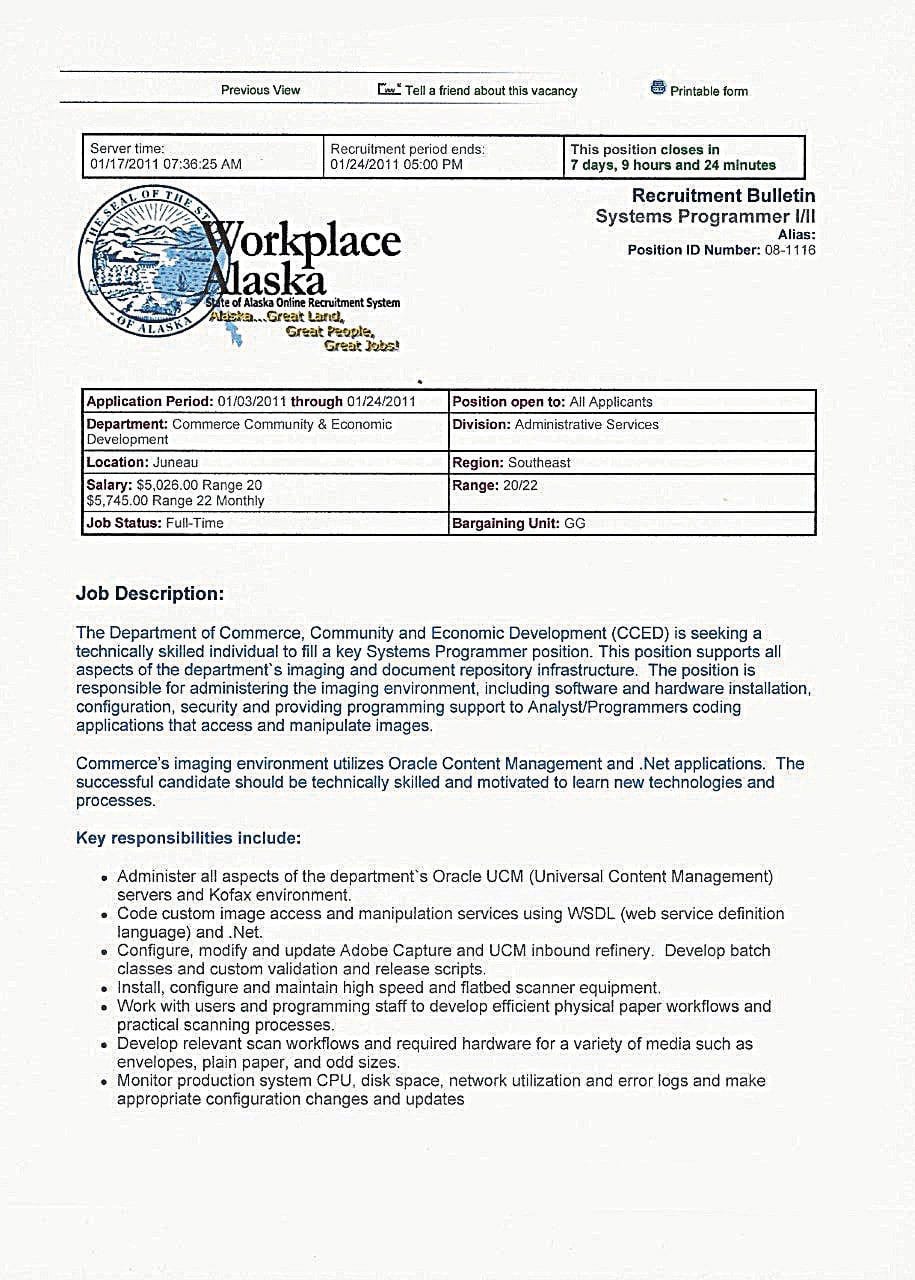 Un exemple de description de poste de Workplace Alaska