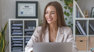 A woman in an office smiling, an illustration for a blog article on soft skills