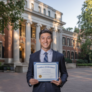 Young man in front of a US university with degree