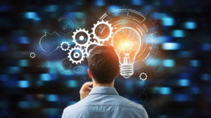 Job interview image of a man thinking for a blog article for online courses