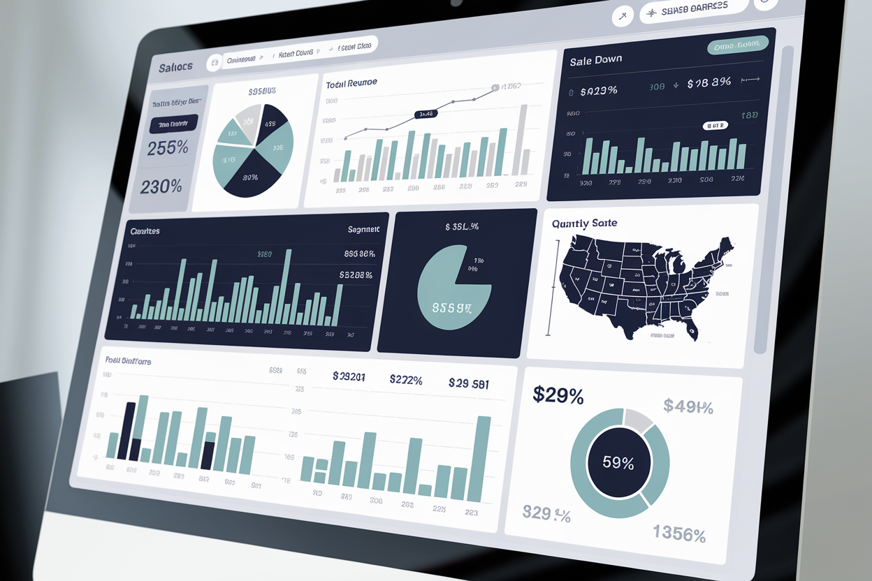 Power BI dashboard on laptop showing sales data with charts and maps for business intelligence