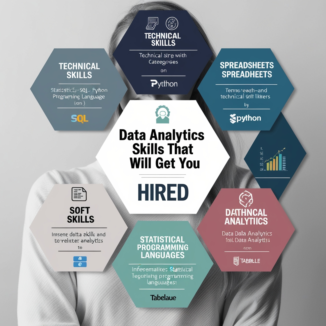 Infographic showcasing essential data analytics skills to get hired, including SQL, Python, Tableau, spreadsheets, and soft skills.