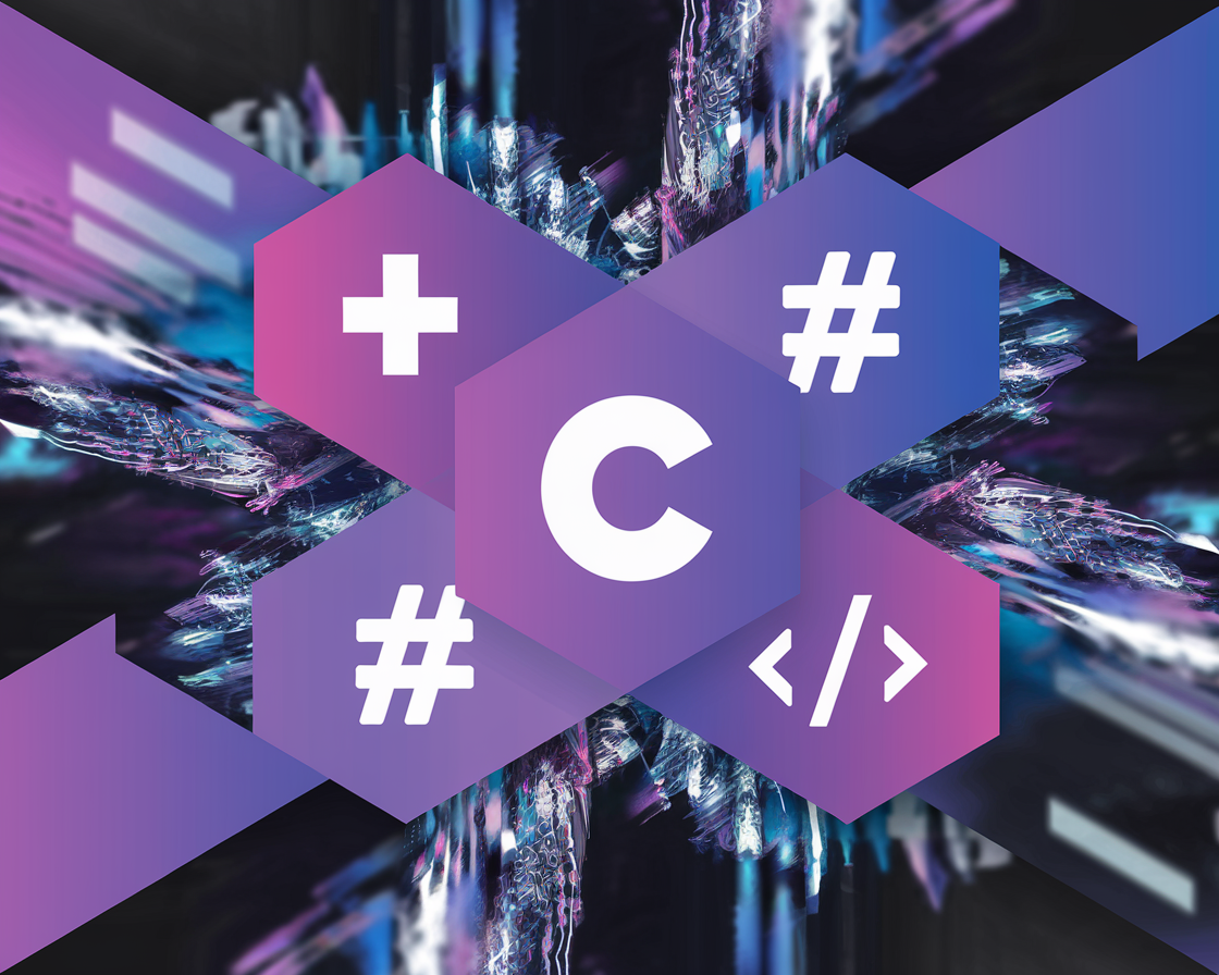 C, C++, C# programming languages with code symbols on a futuristic background