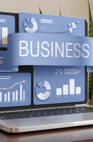 Laptop displaying business analytics charts with "business" banner, highlighting online professional certificates for students.