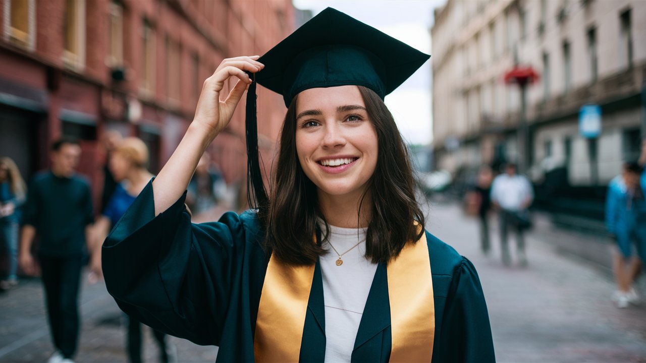 Smiling student in graduation gown holding cap on campus street, symbolizing academic success with professional certificates.