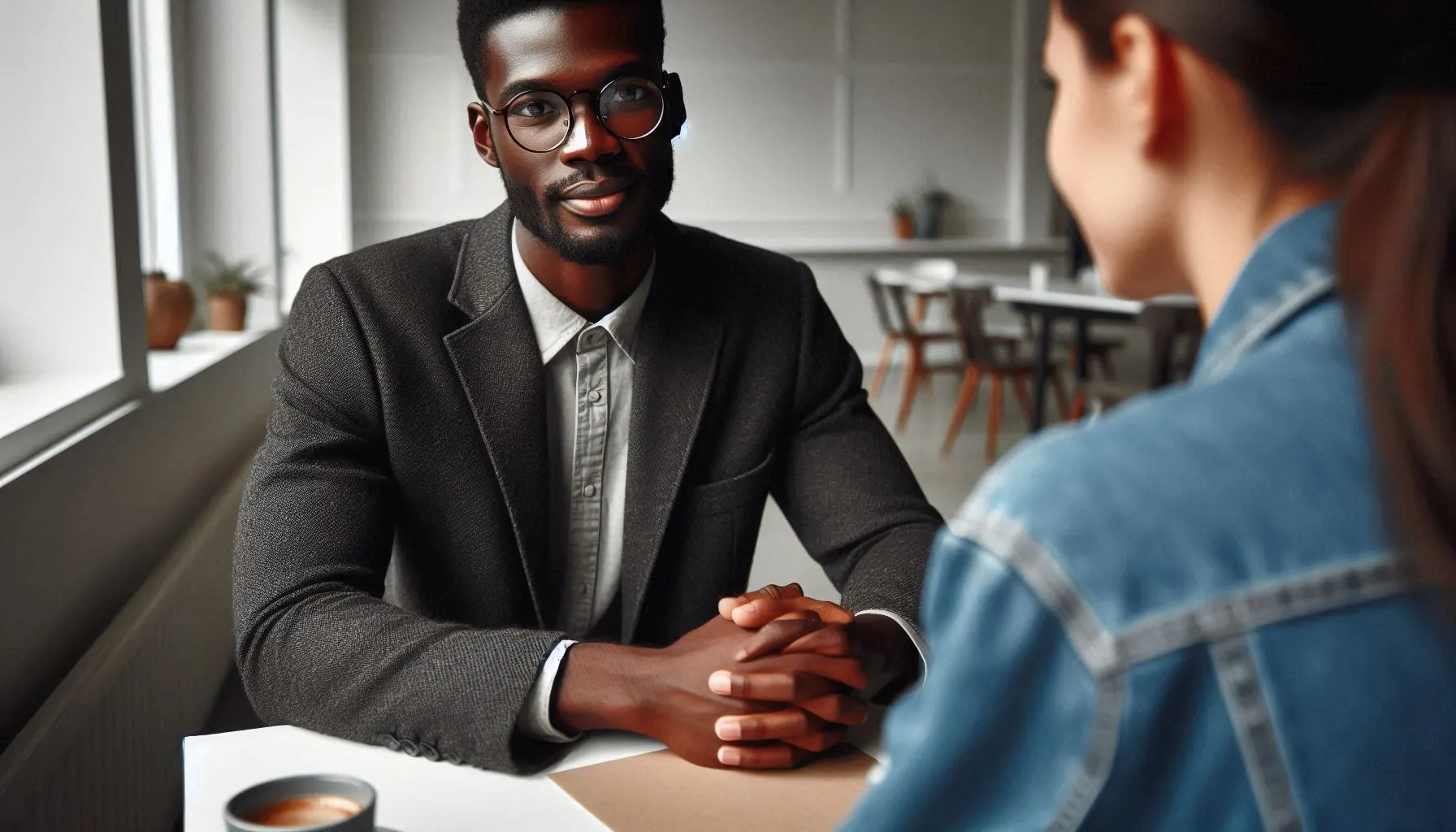 Image of a man in a suit listening attentively to a woman, showcasing active listening skills for students at E-newcademy.com.