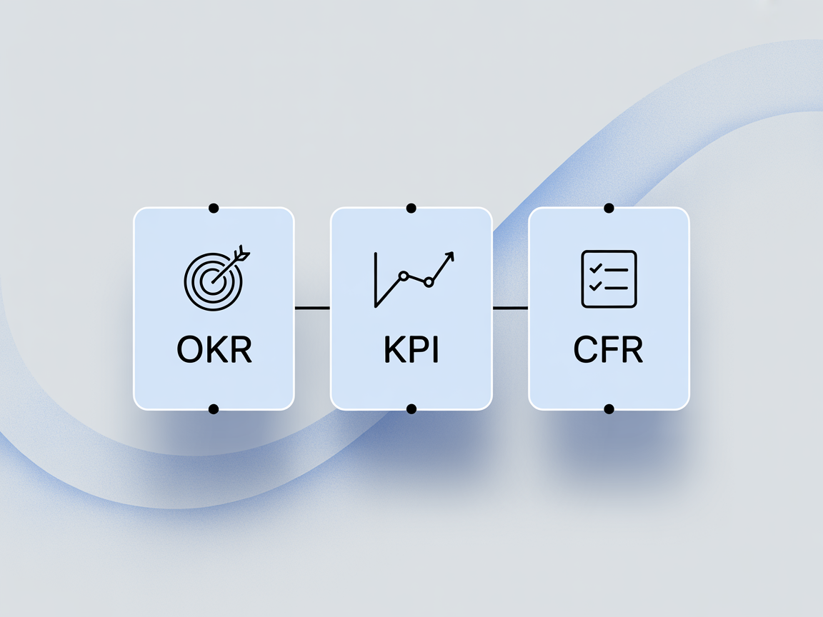Infographic comparing OKRs, KPIs, and CFR with target, chart, and checklist icons, ideal for leadership metrics guide on E-newcademy.com.