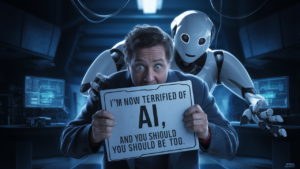 Person holding 'I'm terrified of AI' sign with robot in futuristic office, highlighting AI job risks in 2025