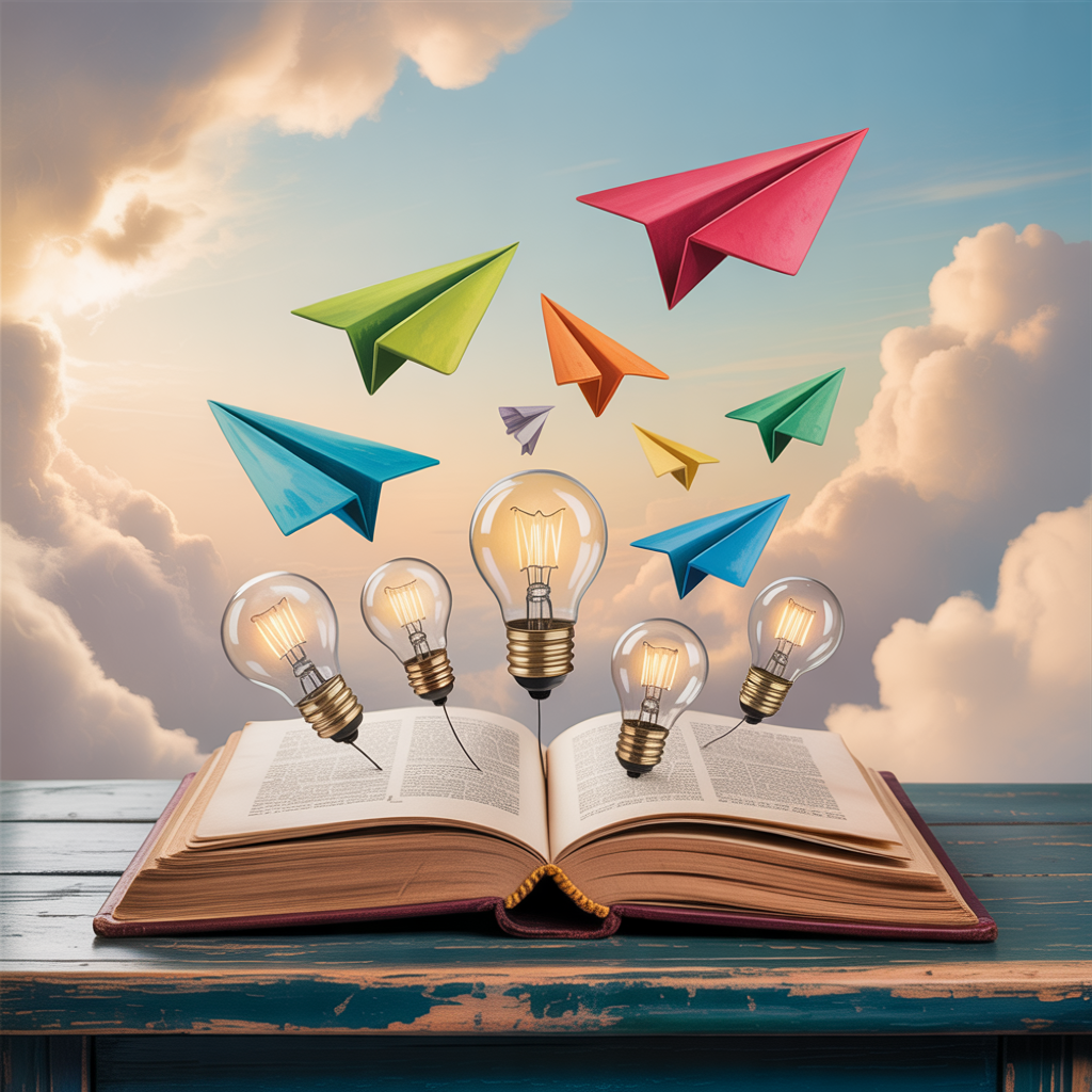 Creative learning with artificial intelligence for beginners using AI programming with Python and generative AI, featuring an open book with lightbulbs and paper airplanes symbolizing innovation