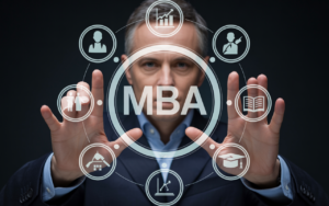 Modern online learning setup featuring a laptop with an AI interface, MBA degree certificate, and virtual classroom, symbolizing the future of accredited online mba programs in 2025.