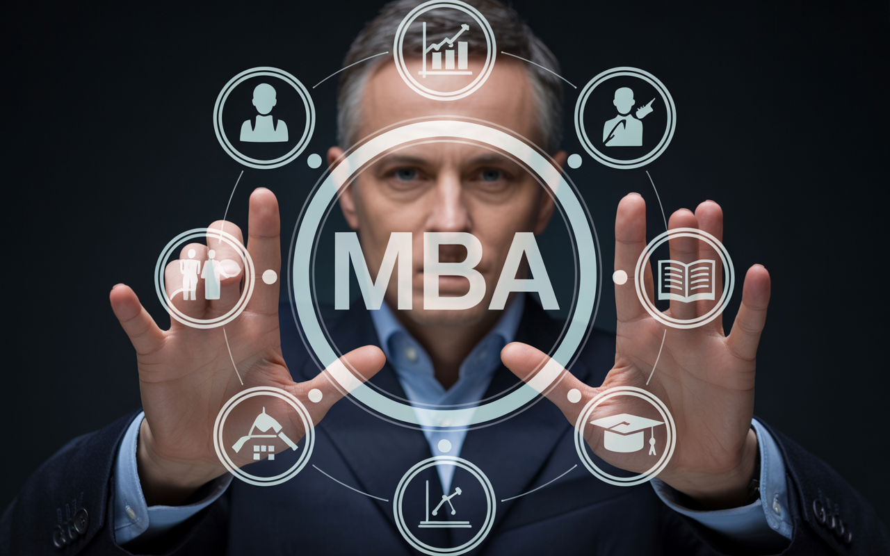 Modern online learning setup featuring a laptop with an AI interface, MBA degree certificate, and virtual classroom, symbolizing the future of accredited online mba programs in 2025.