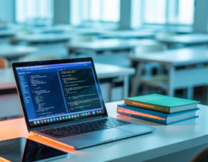 An open laptop with javascript code in Visual Studio, placed on a classroom desk, symbolizing learning automation with google app script.