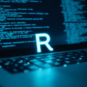 R programming language logo with computer code background on a laptop