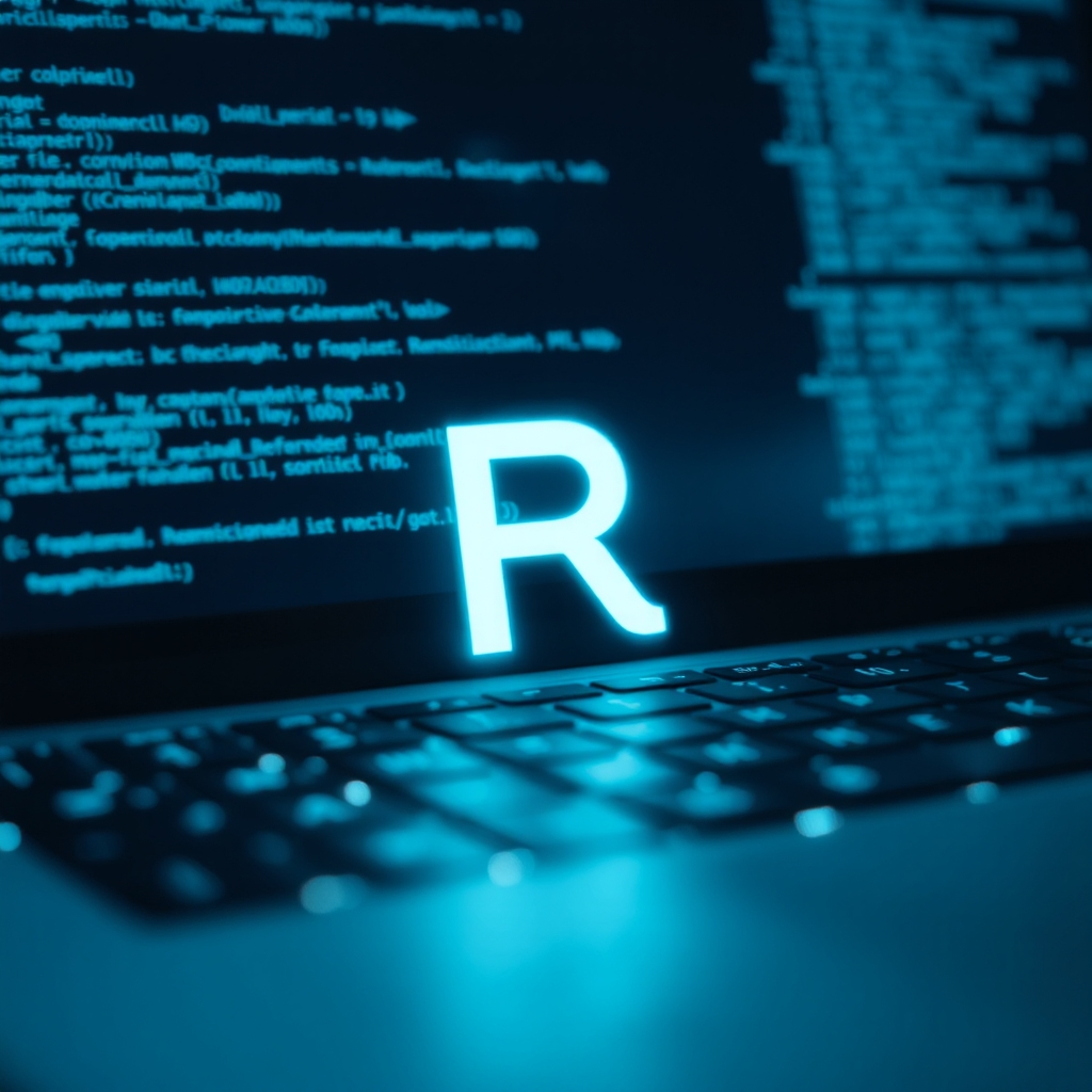 R programming language logo with computer code background on a laptop