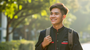 Smiling student with backpack using AI tools to find jobs near me on E-newcademy campus