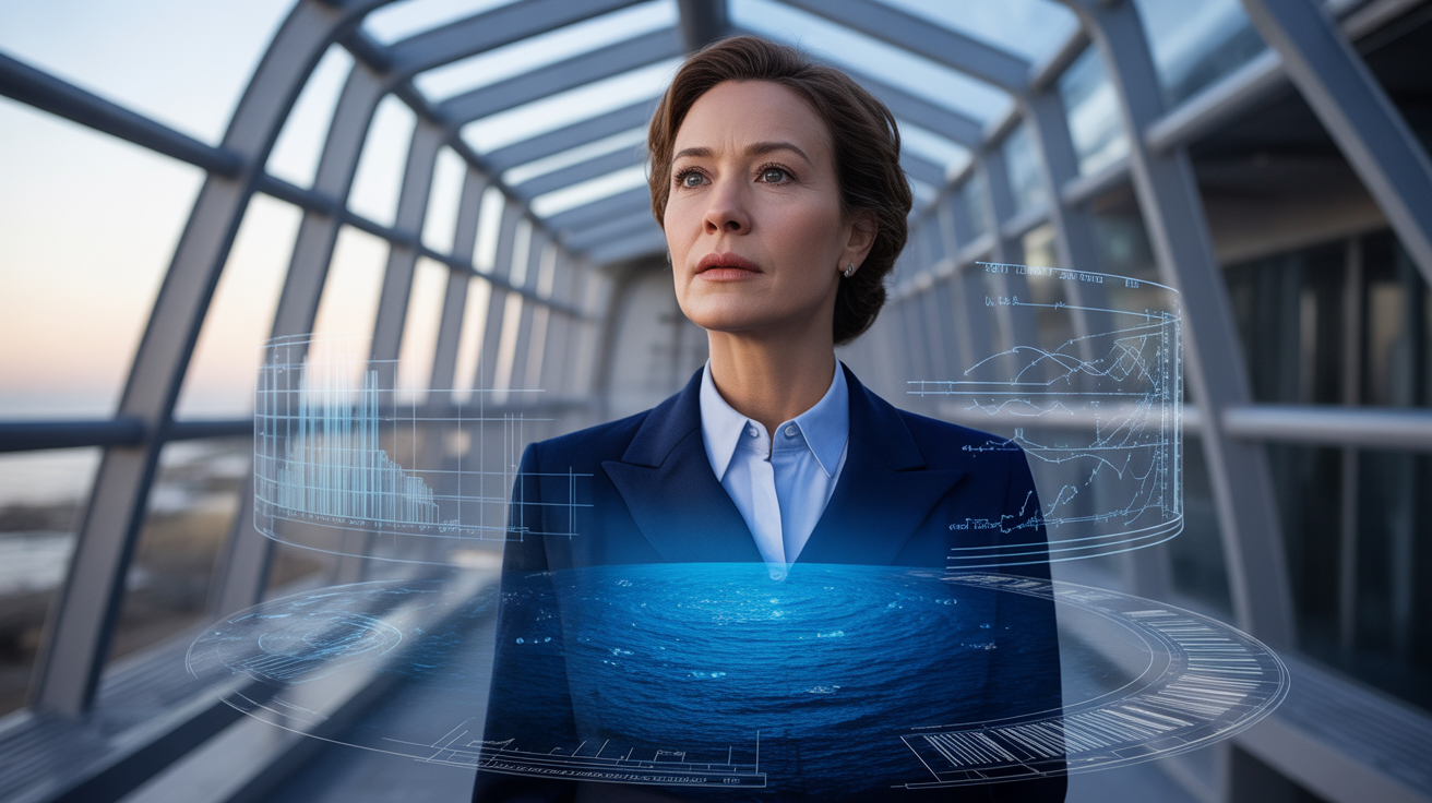 Professional woman visualizing holographic data charts in a modern setting, representing certified associate in project management and certified business analysis professional opportunities in the service sector.